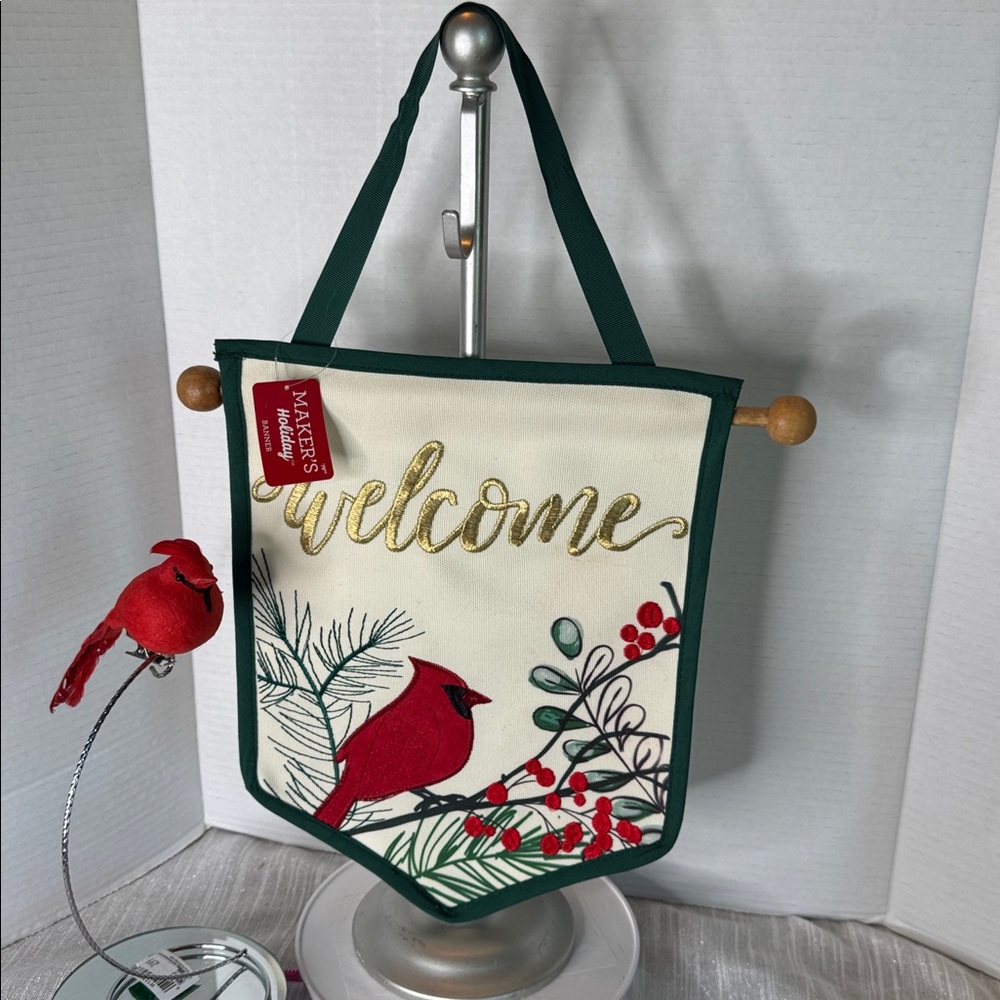 Welcome Banner with Cardinal Design AND Christmas Ornament clips on branch NWT